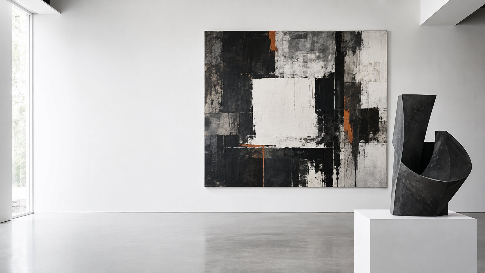 Composition éditoriale : peinture abstraite et sculpture dans une galerie lumineuse
