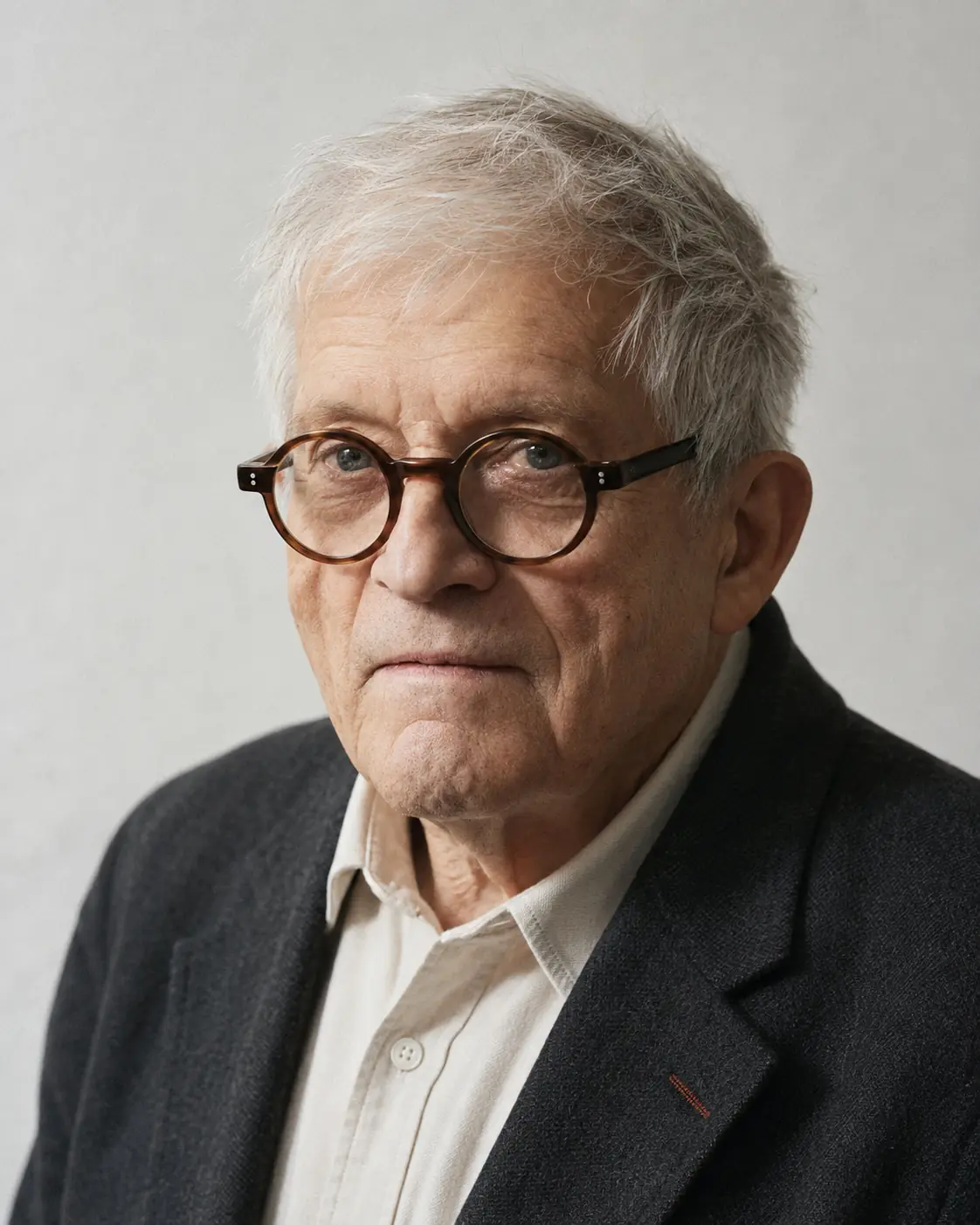 Portrait éditorial de synthèse représentant David Hockney — non documentaire